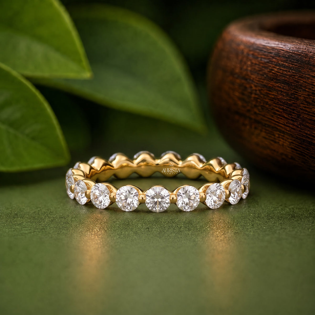 Round Lab Grown Diamond Full Eternity Ring, Yellow Gold Round Cut Shared Prong Band