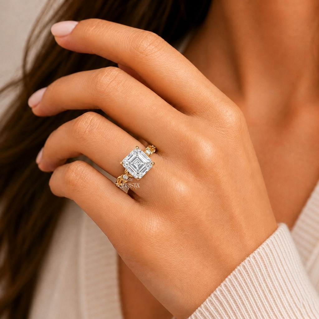 Asscher Shape Lab Grown Diamond Ring, Hidden Halo Nature Leaf Band With Side Stones