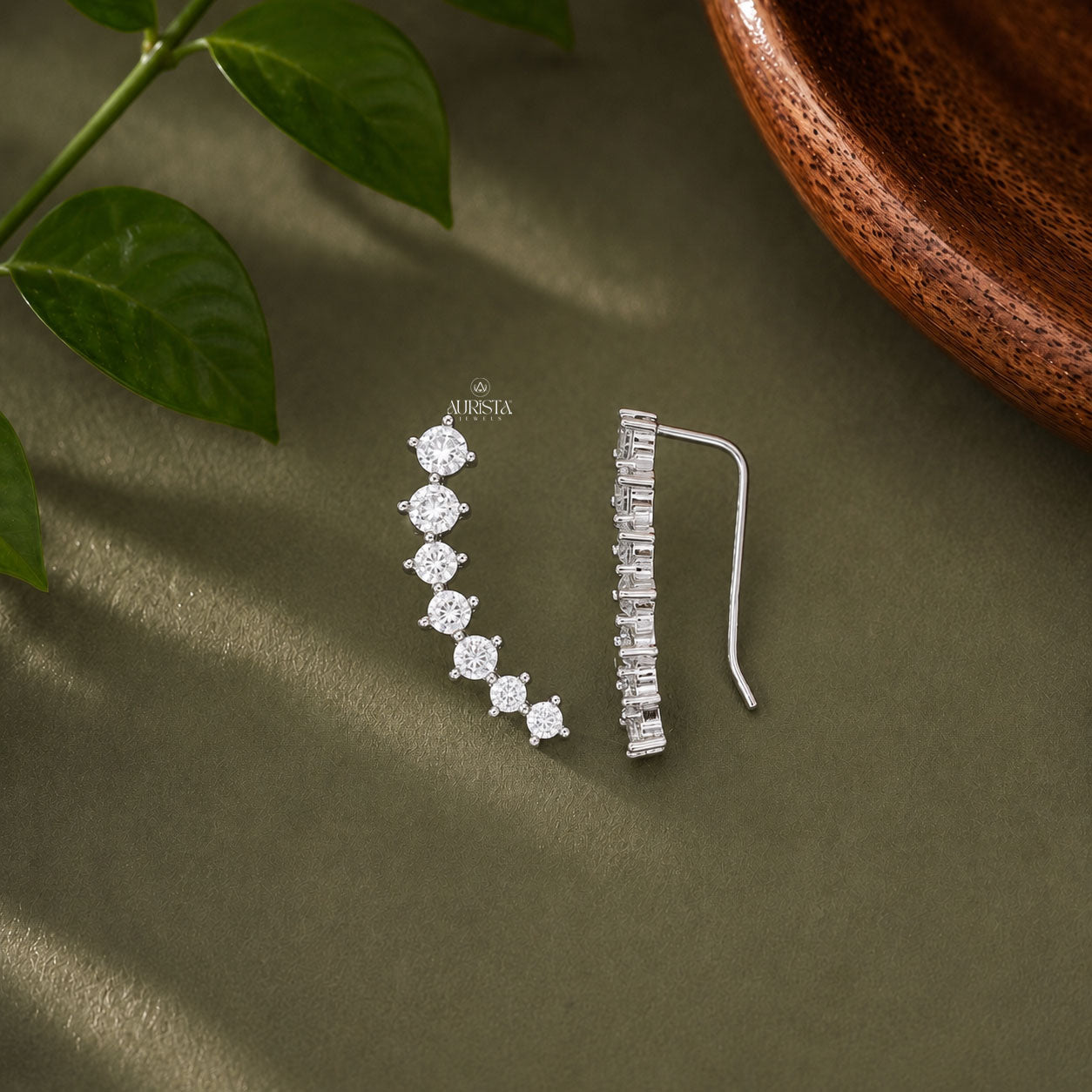Round Moissanite Graduated Ear Climber Earrings - Prong Set Silver Crawler Earrings