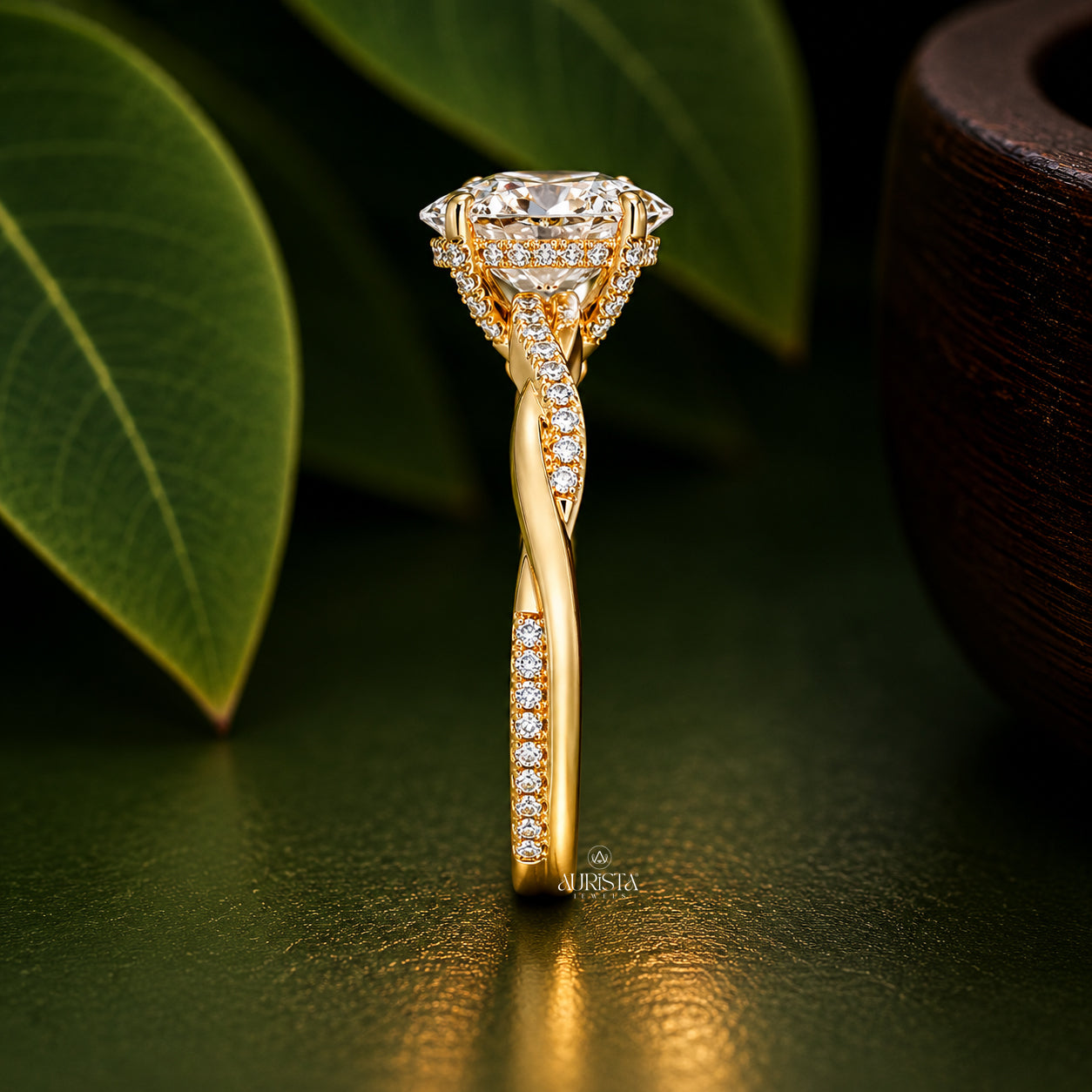 Round Cut Lab Grown Diamond Twisted Ring, Pavé Band Engagement Ring, Solitaire Band