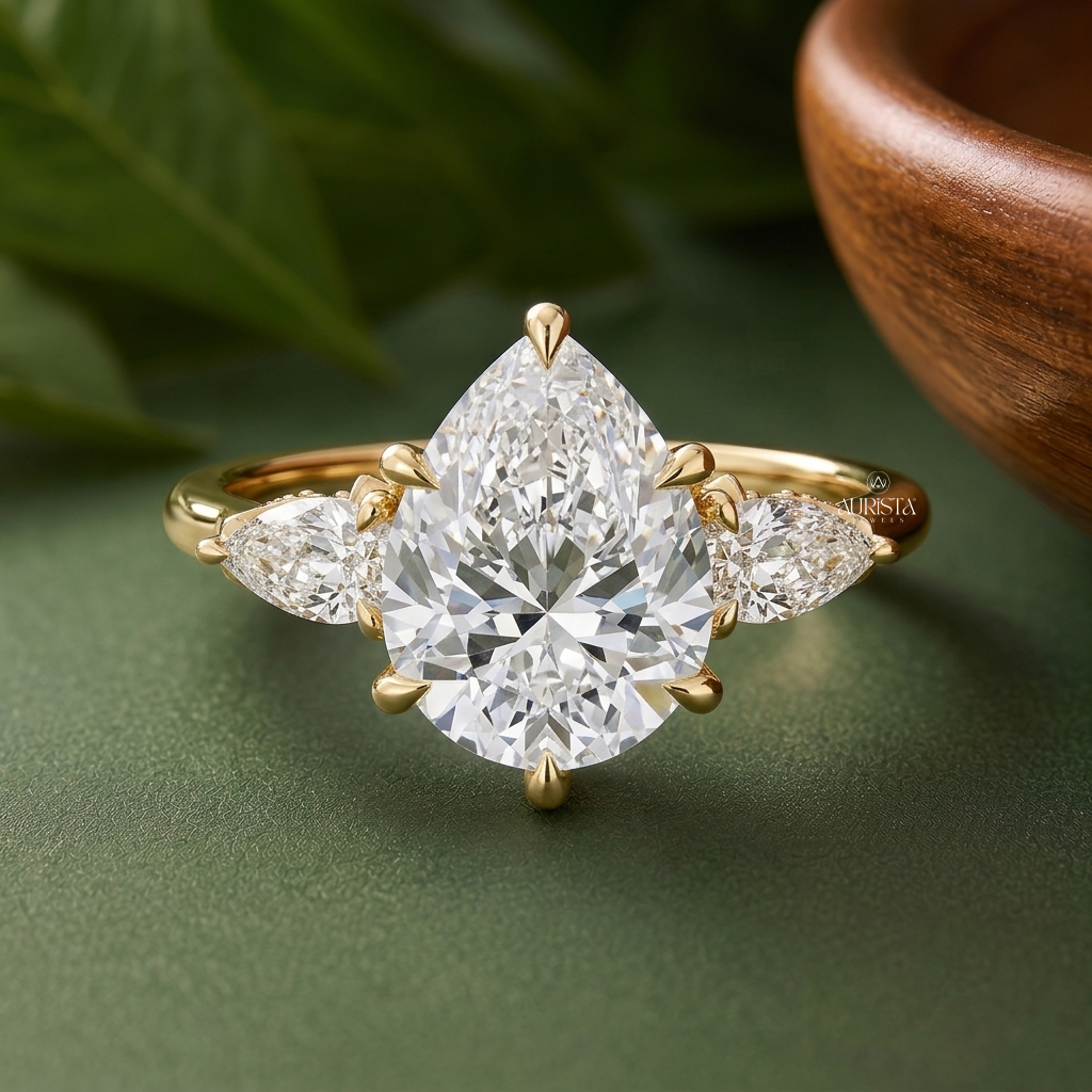 Pear & Marquise Lab Grown Diamond Three Stone Ring, Nature Inspired Engagement Band