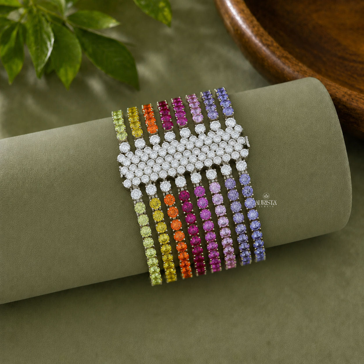 Peacock Feather Moissanite Bangle - Blue Sapphire & Round Gemstone Cuff Bracelet (Copy)