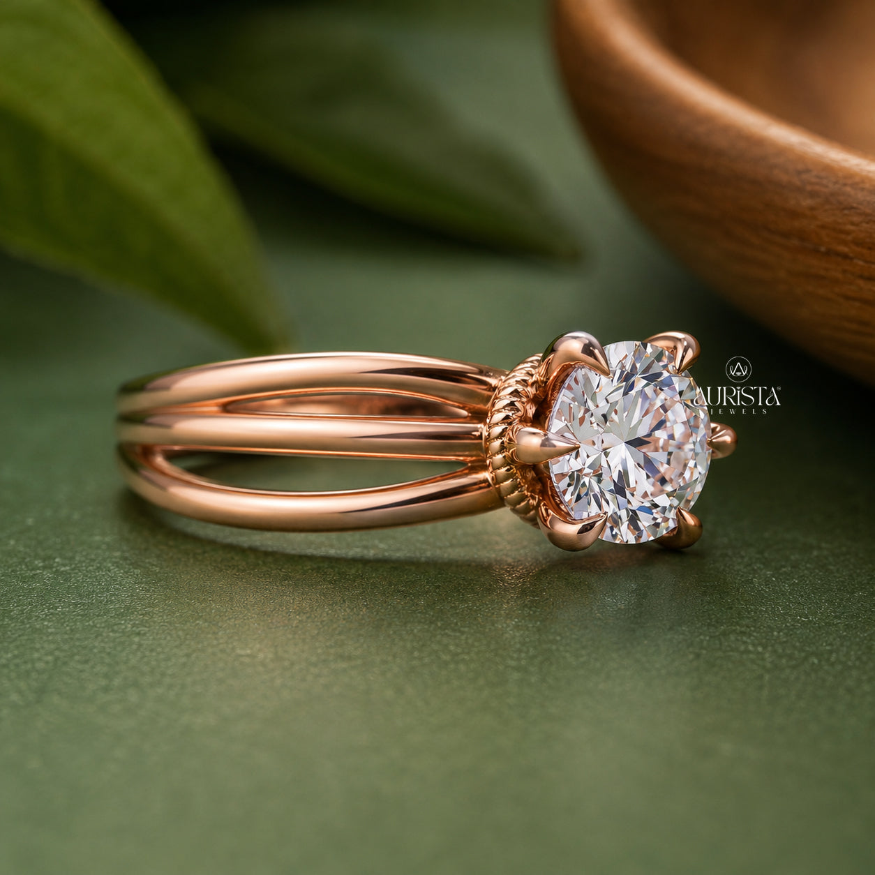 Round Cut Lab Grown Diamond Engagement Ring, Multi-Band Rose Gold Wedding Ring