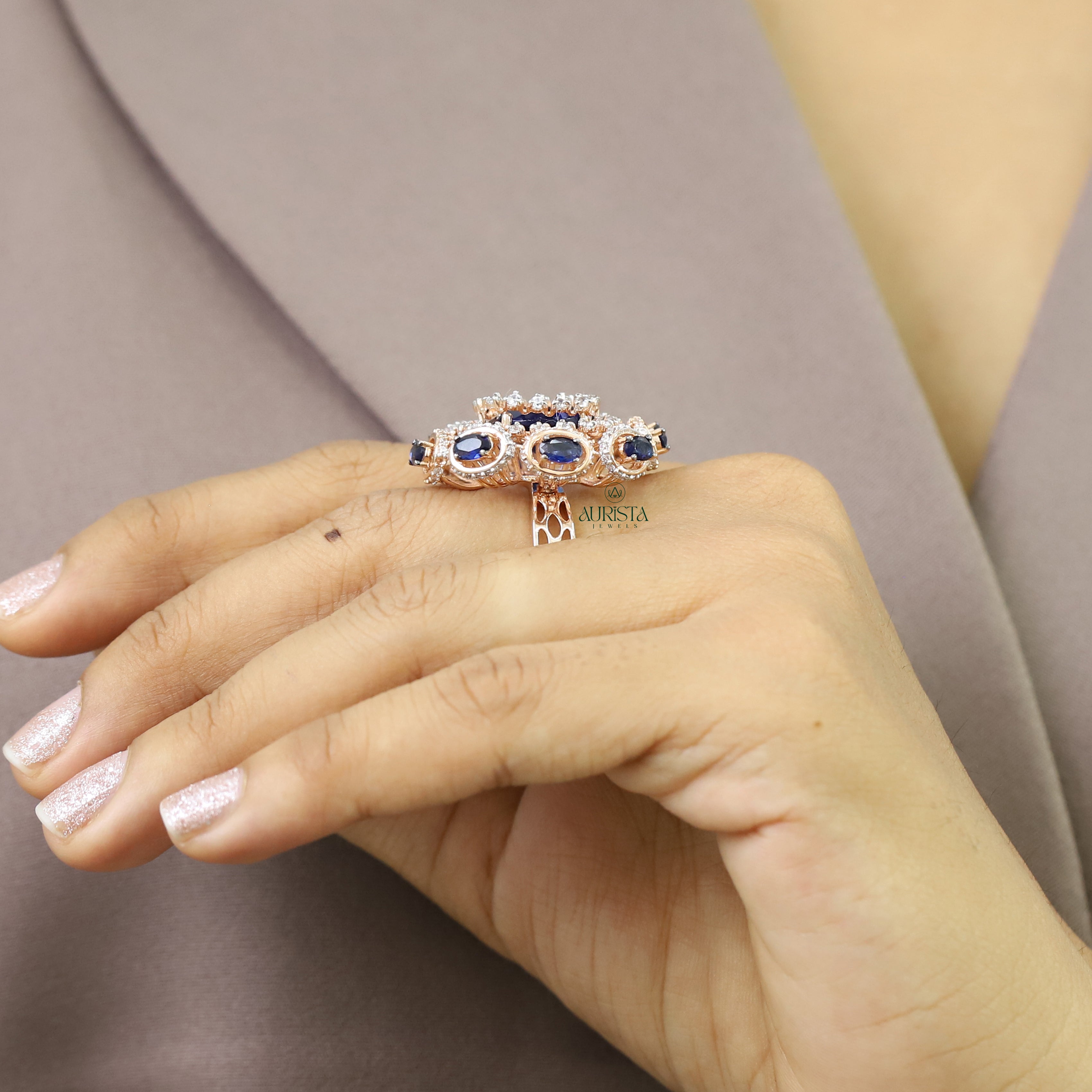 Oval Blue Stone Cluster Ring Rose Gold Moissanite Statement Cocktail Band Luxury