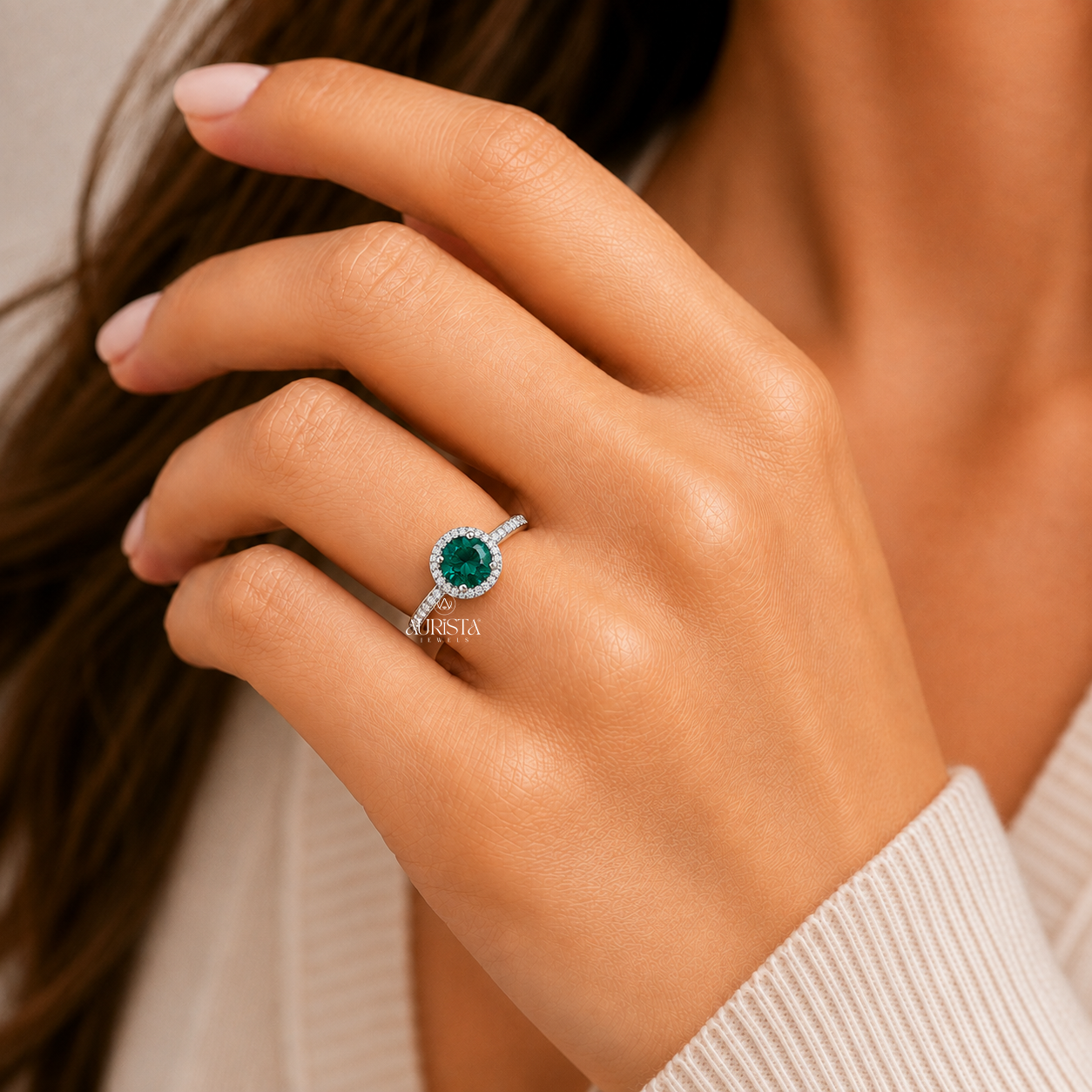 Lab Grown in Diamond Green Oval Halo Engagement Ring Statement Gemstone Ring