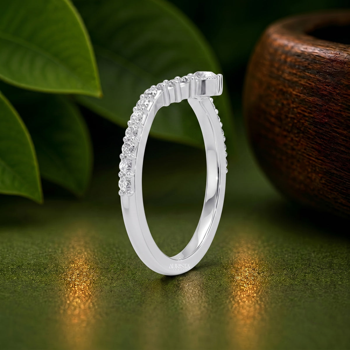 Curved Wedding Band, Lab Grown Diamond V-Shape Nesting Ring In White Gold Pave Set