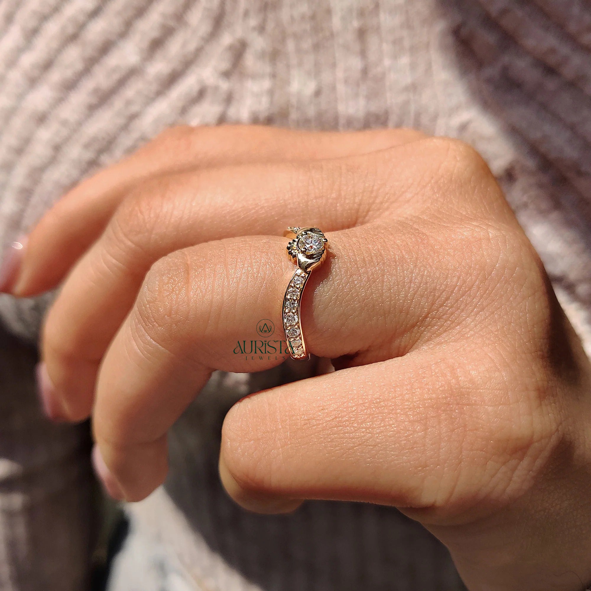 Round-Cut V-Shape Claddagh Pave Ring