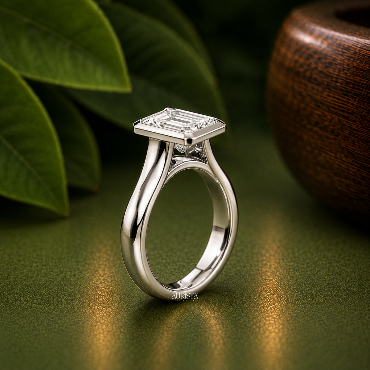 Radiant Lab Grown Diamond Ring, Bezel Set Solitaire Minimalist White Gold Band Ring
