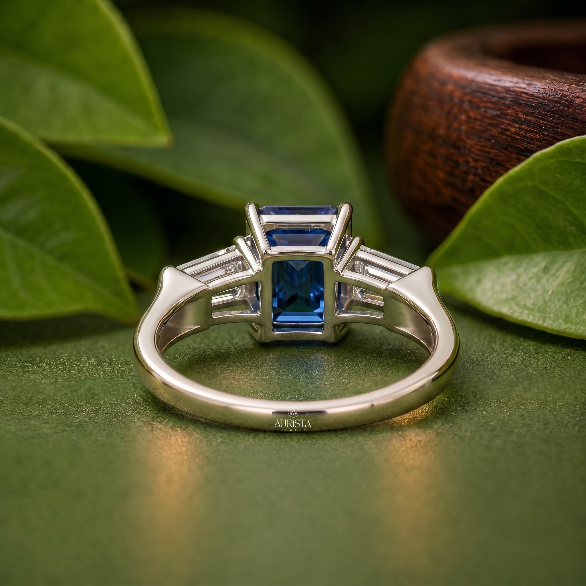 Blue Emerald Cut Lab Grown in Diamond Three Stone Ring Silver Luxury Band