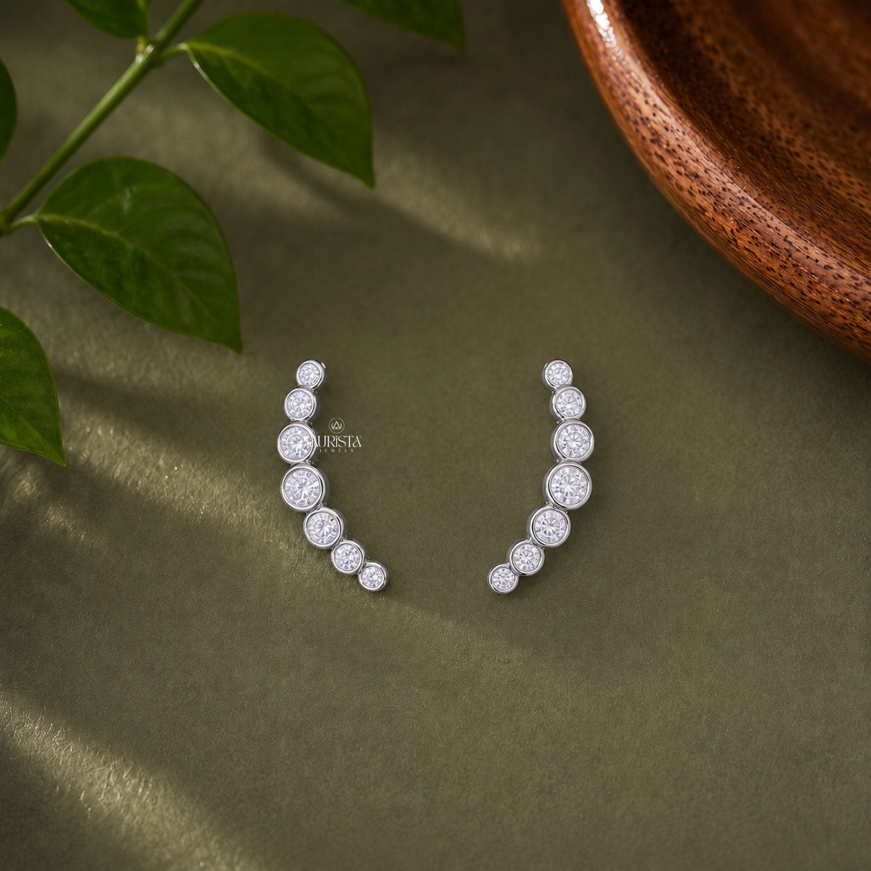 Graduated Moissanite Ear Climber Earrings - Bezel Set Curved  Crawler Earrings