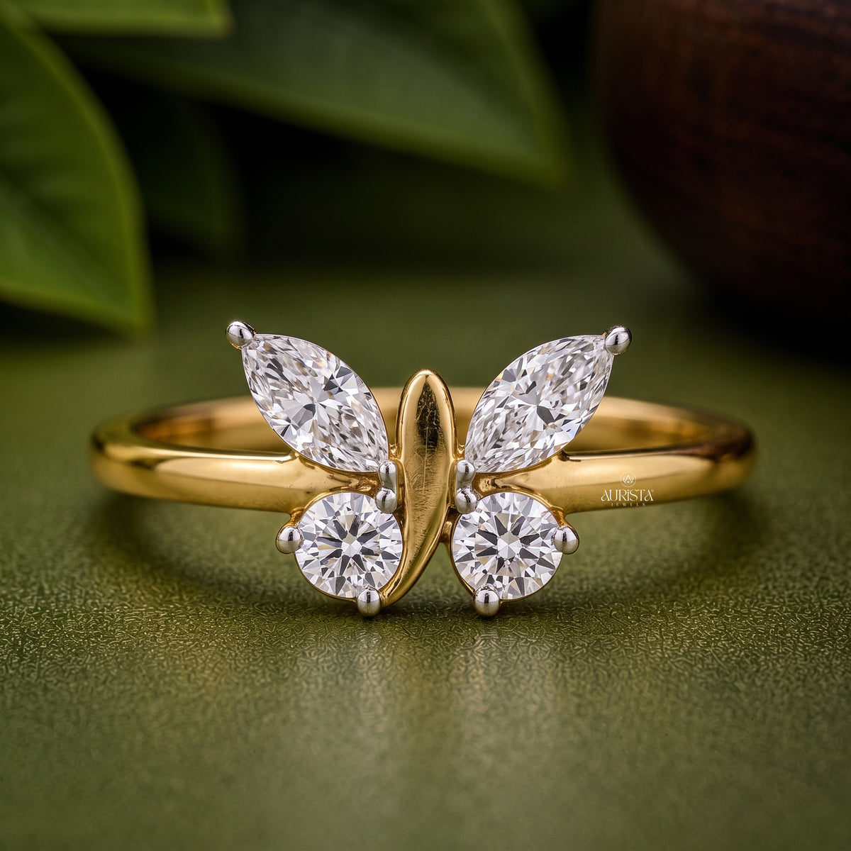 Butterfly Lab Grown Diamond Ring, Marquise & Round Shape Gold Statement Ring