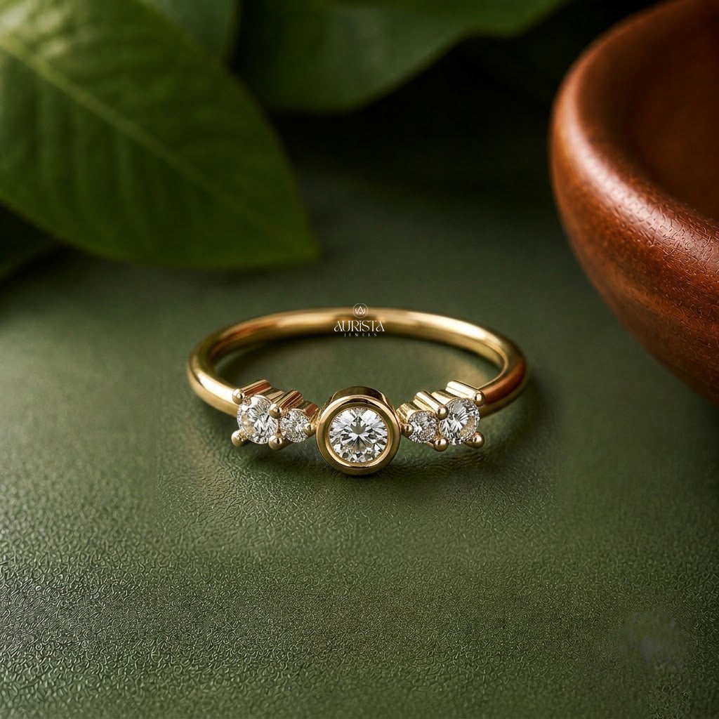 Lab Grown Diamond Gold Bezel Cluster Ring Multi Stone Statement Band Modern Ring
