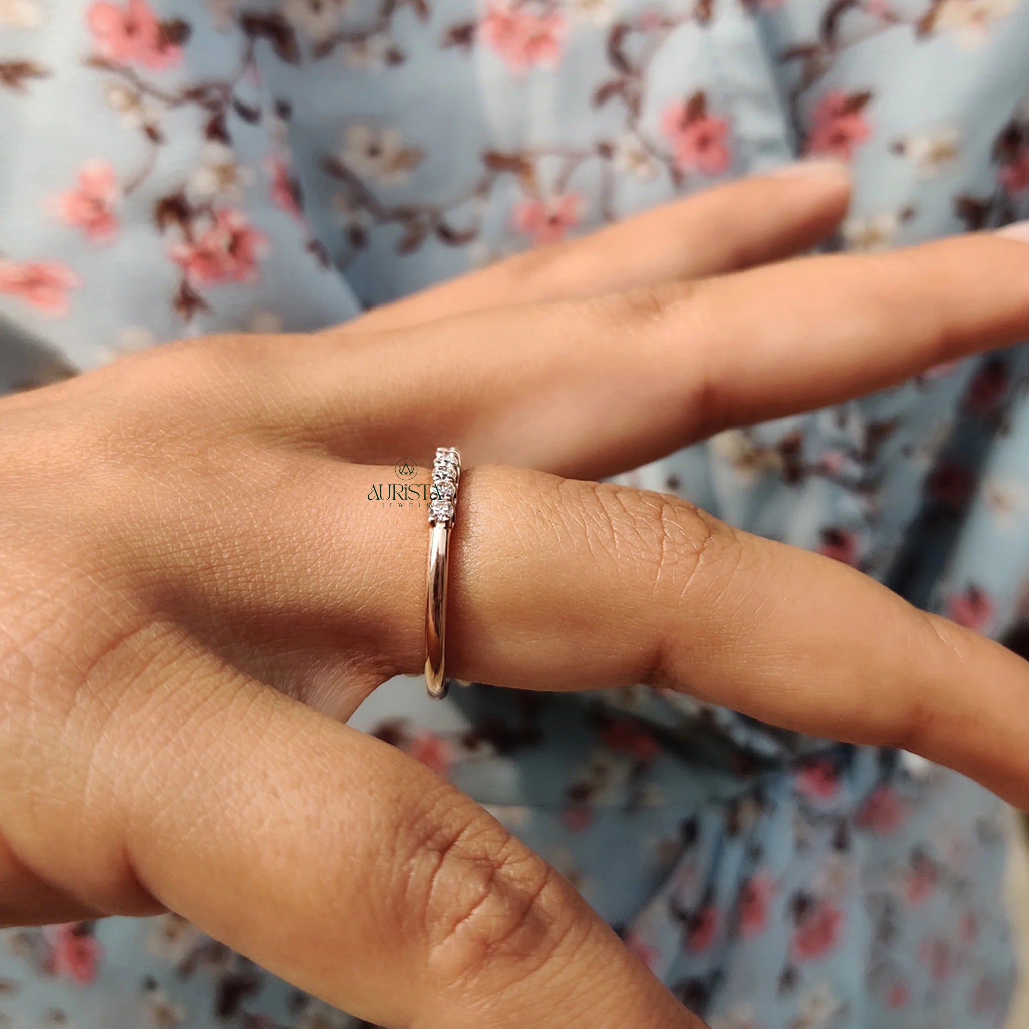 Dainty Moissanite Diamond Station Band Rose Gold Minimalist Stackable Wedding Ring