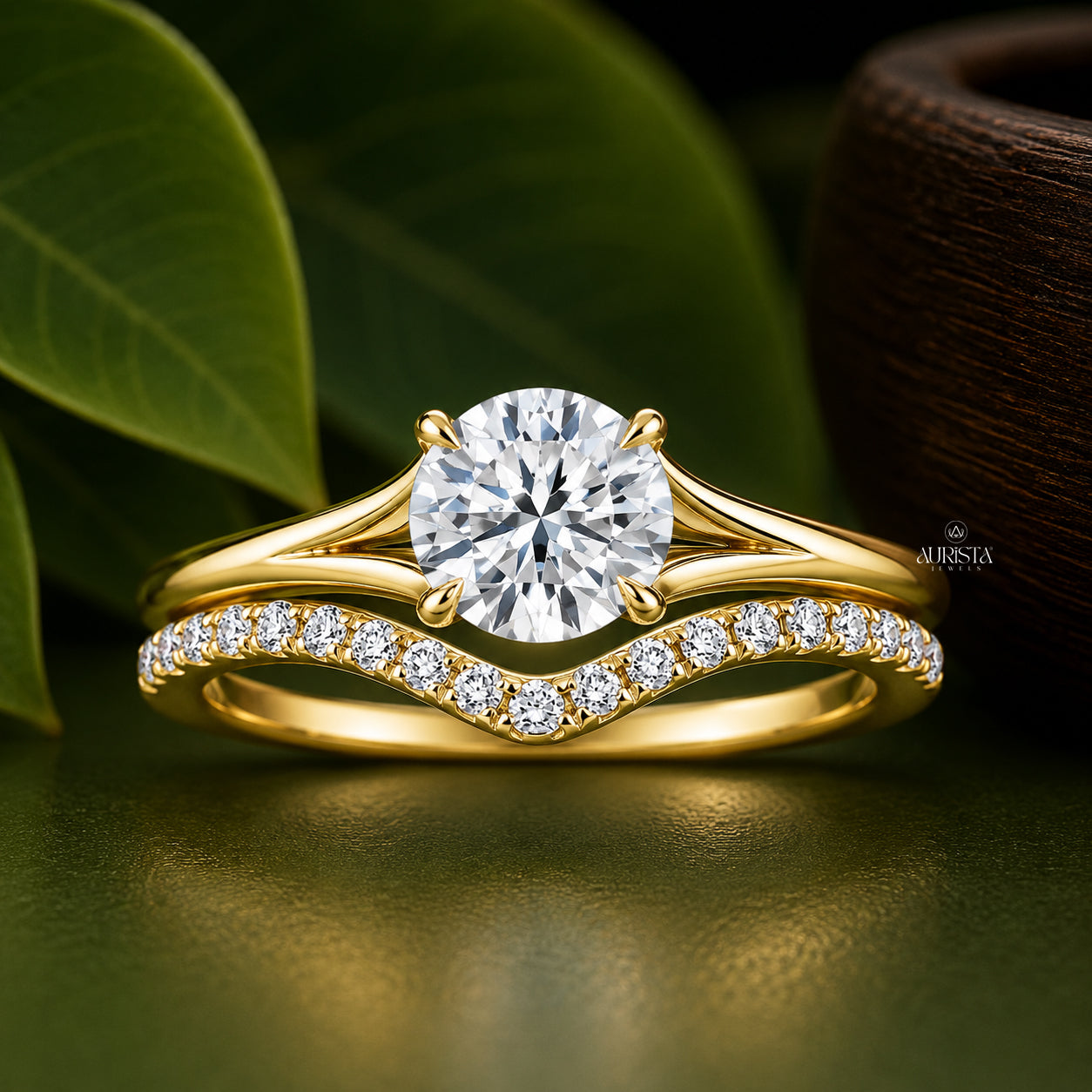 1 CT Round Lab Grown Diamond Engagement Ring & Gold Contour Bridal Set