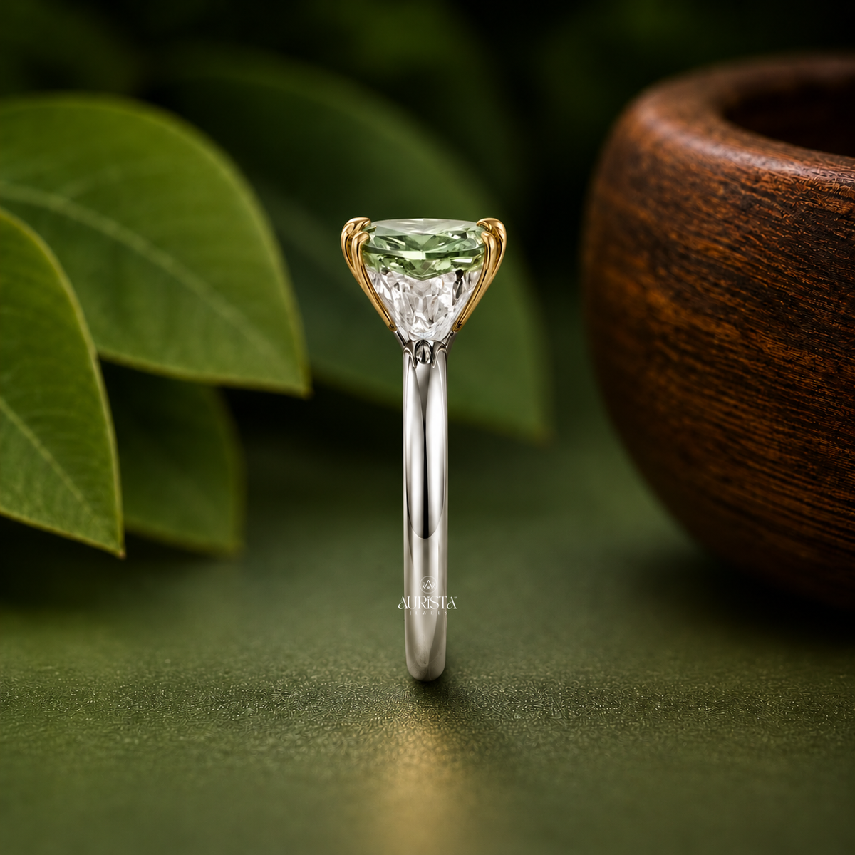 Green Marquise Cut Bezel Set Engagement Ring Solitaire Band Lab Grown in Diamond