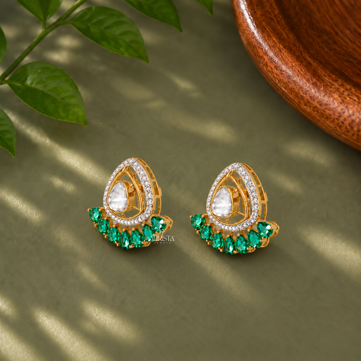 Traditional Polki & Green Gemstone Cluster Earrings Lab Grown in Diamond Designer Studs
