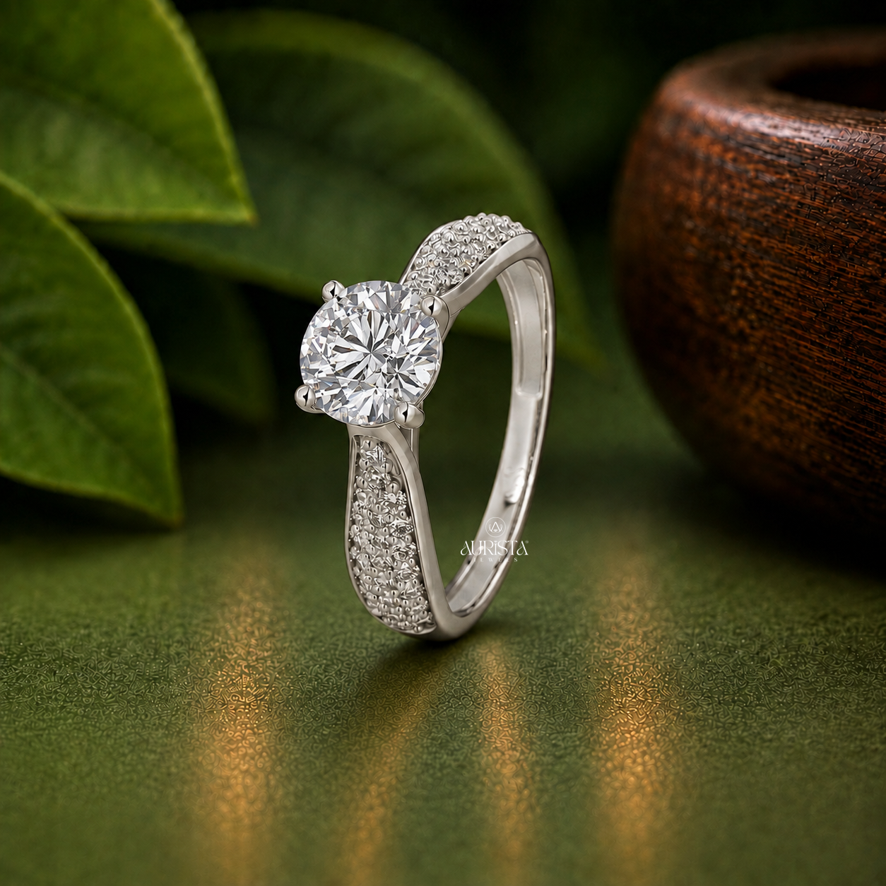 Round Lab Grown Diamond Ring, Pave Shoulder Engagement Ring In High Polish White Gold
