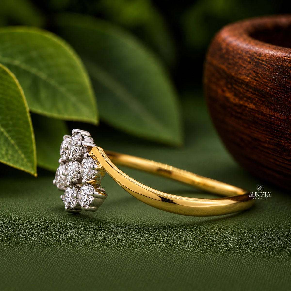 Round Cut Lab Grown Diamond Cluster Ring, Unique Bypass Gold Band, Statement Ring