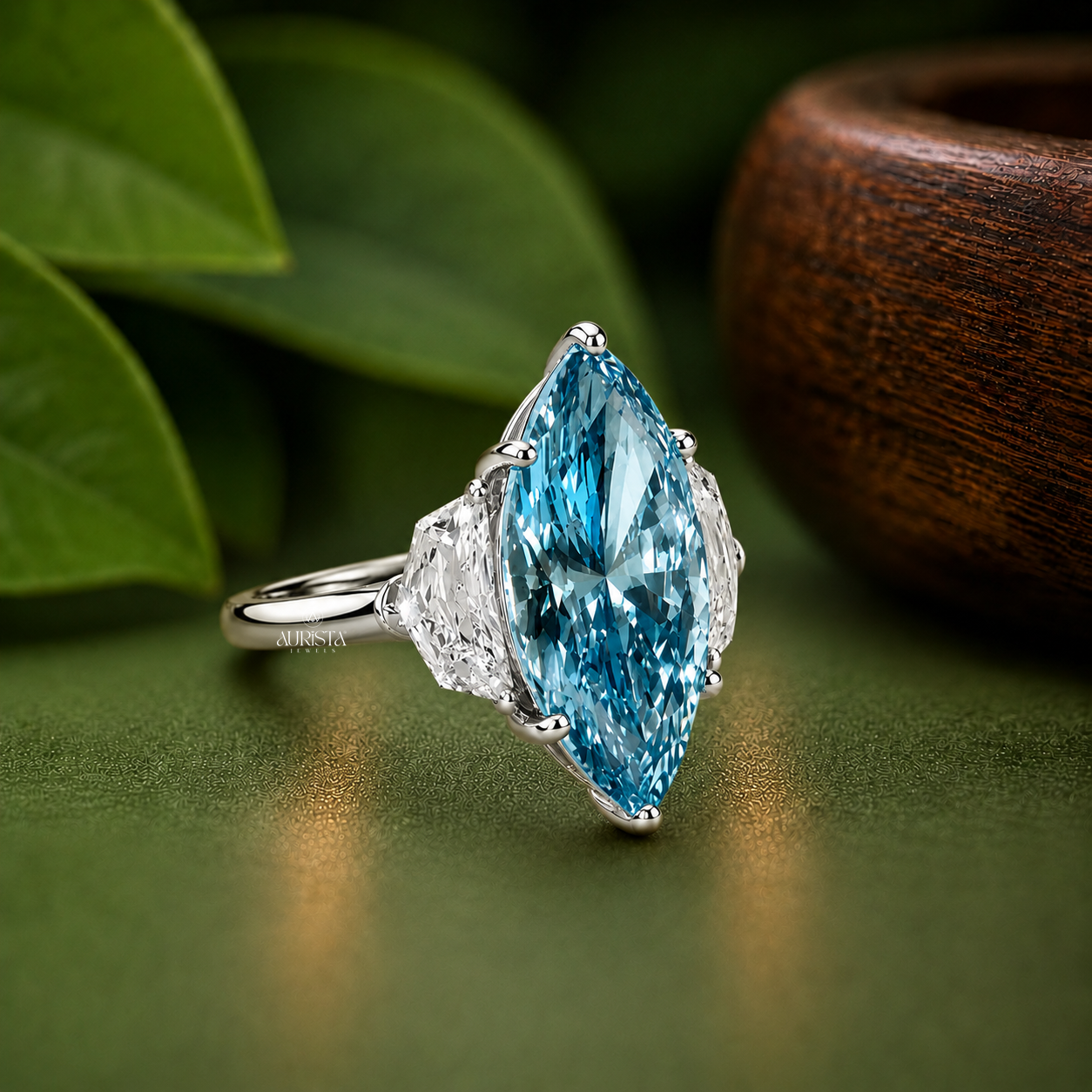 Lab Grown in Diamond Blue Marquise Engagement Ring Three Stone Statement Ring