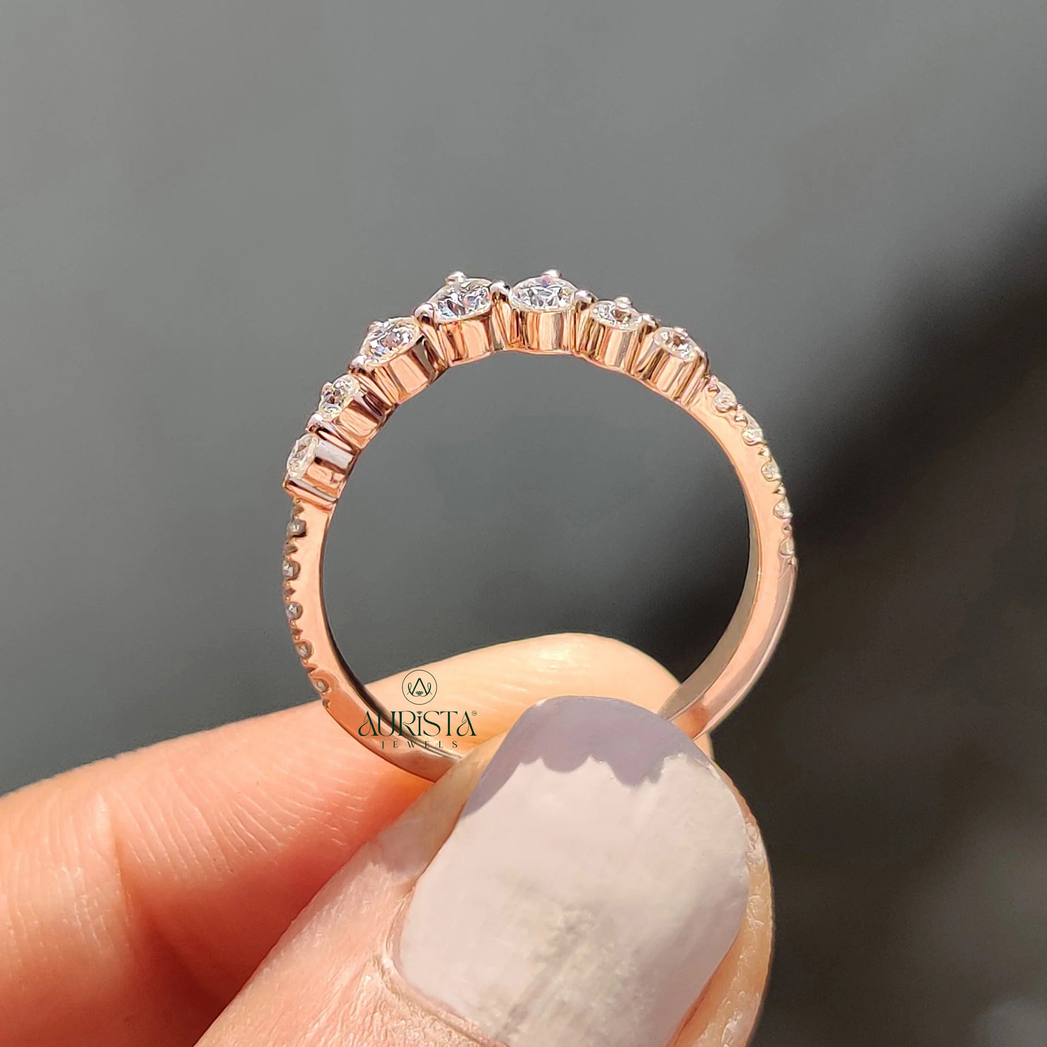 Moissanite Diamond Chevron Stackable Wedding Ring Rose Gold Dainty Curved Band