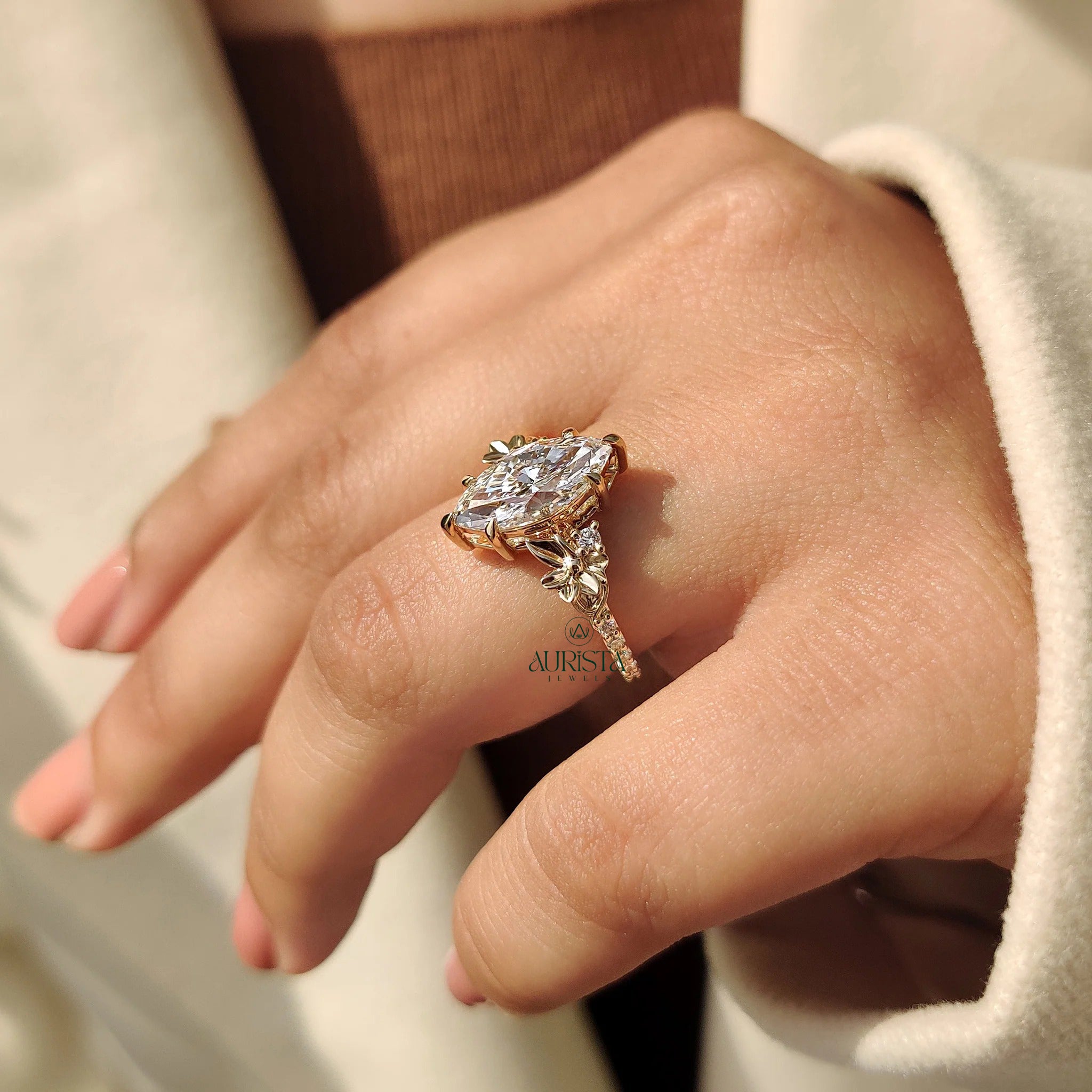 Nature Inspired Marquise Cut Diamond Ring with Floral Elegance