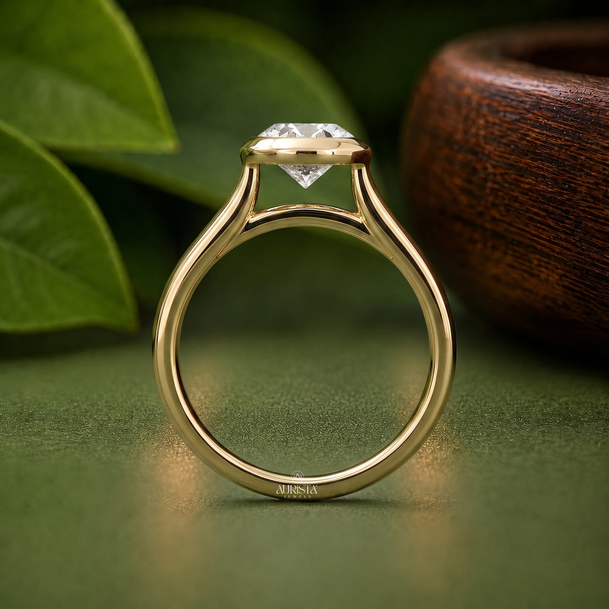 Oval Shape Lab Grown Diamond Ring, Bezel Set Solitaire Minimalist Yellow Gold Band