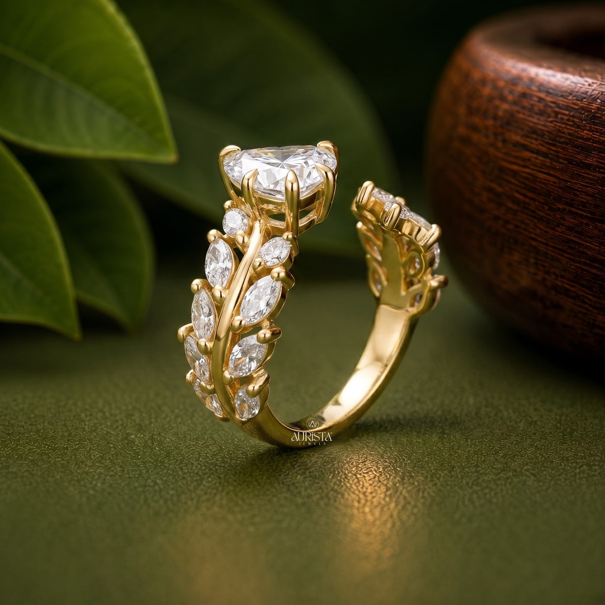 1.00 Ct Heart Cut Lab Grown Diamond Ring, Unique Open Leaf Vine Band Jewelry