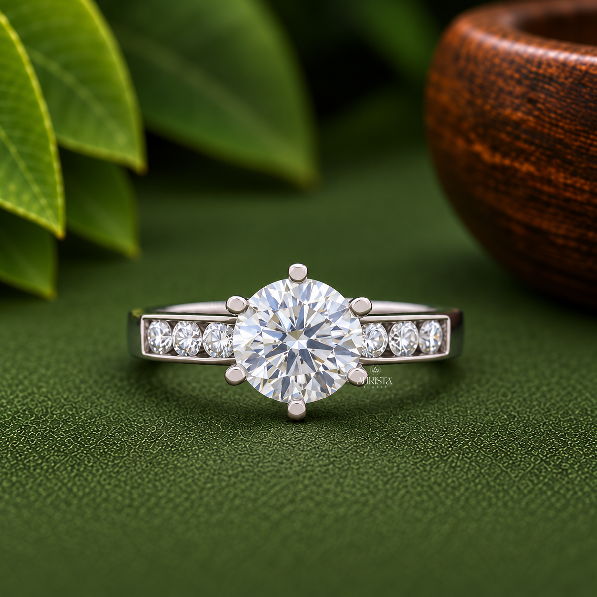 Round Cut Lab Grown Diamond Engagement Ring, 6 Prong Solitaire Ring With Side Stones
