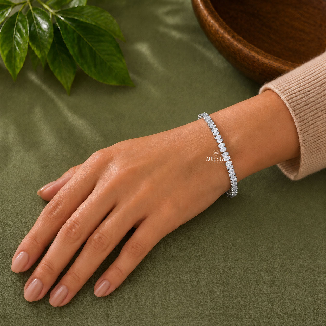 Oval Diamond Herringbone Snake Chain Bracelet ,Adjustable Tennis Bracelet