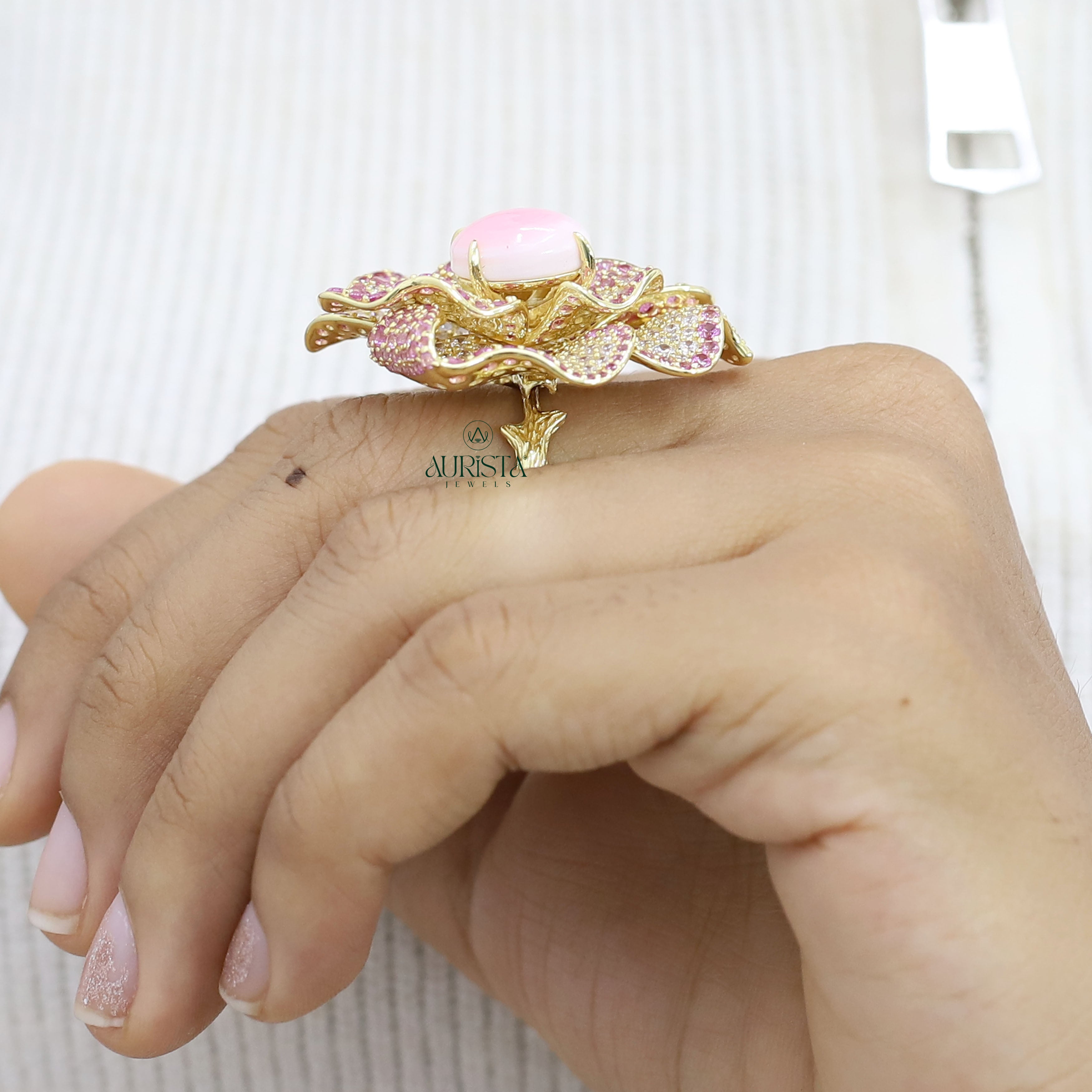 Luxury Flower Moissanite Ring - Pink Gemstone & Sparkling Petals Cocktail Ring
