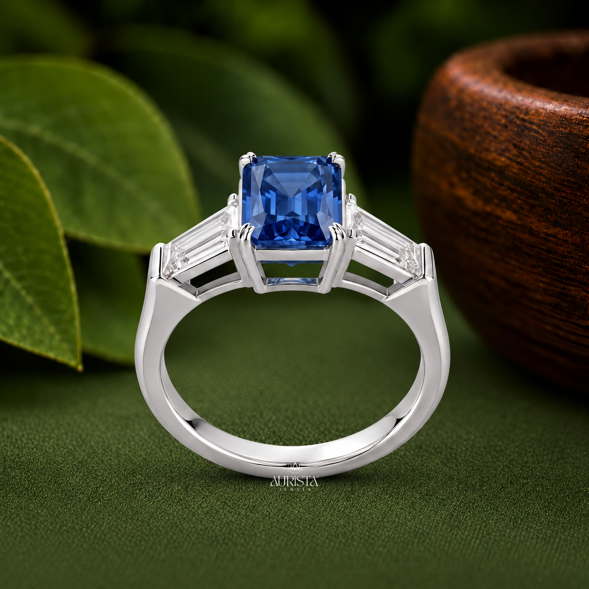 Lab Grown in Diamond Blue Emerald Cut Ring Three Stone Silver Engagement Band