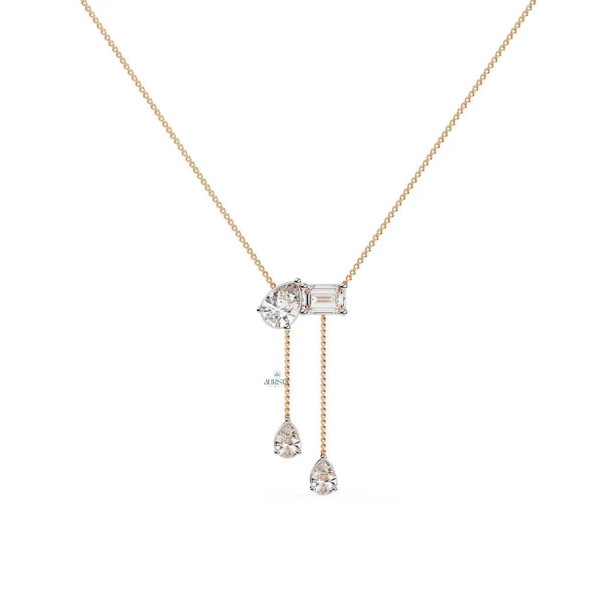 Mixed Cut Lab Grown Diamond Lariat Necklace Pear and Emerald Cut Dangle Necklace