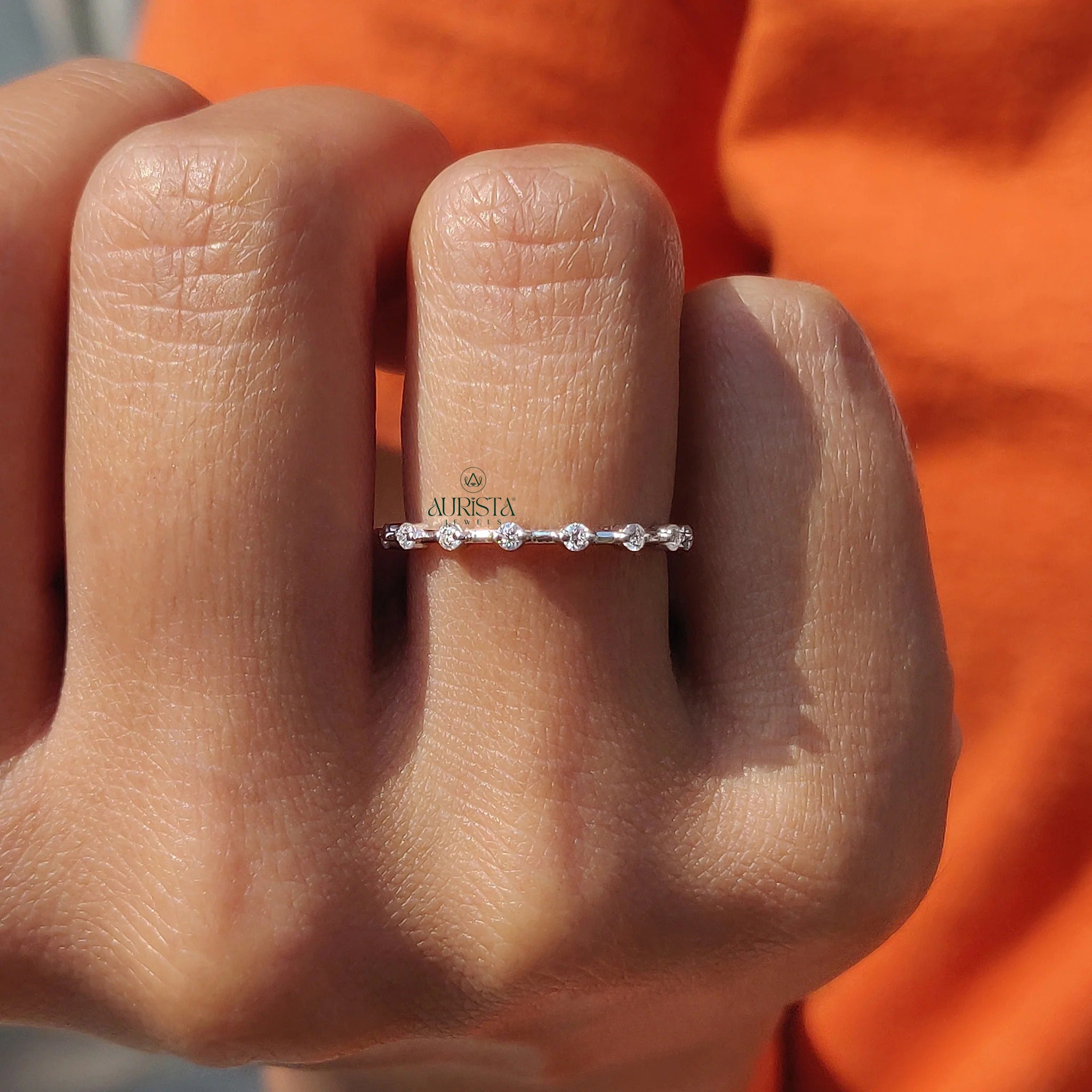 Dainty Moissanite and Diamond Station Band - Minimalist Stackable Wedding Ring