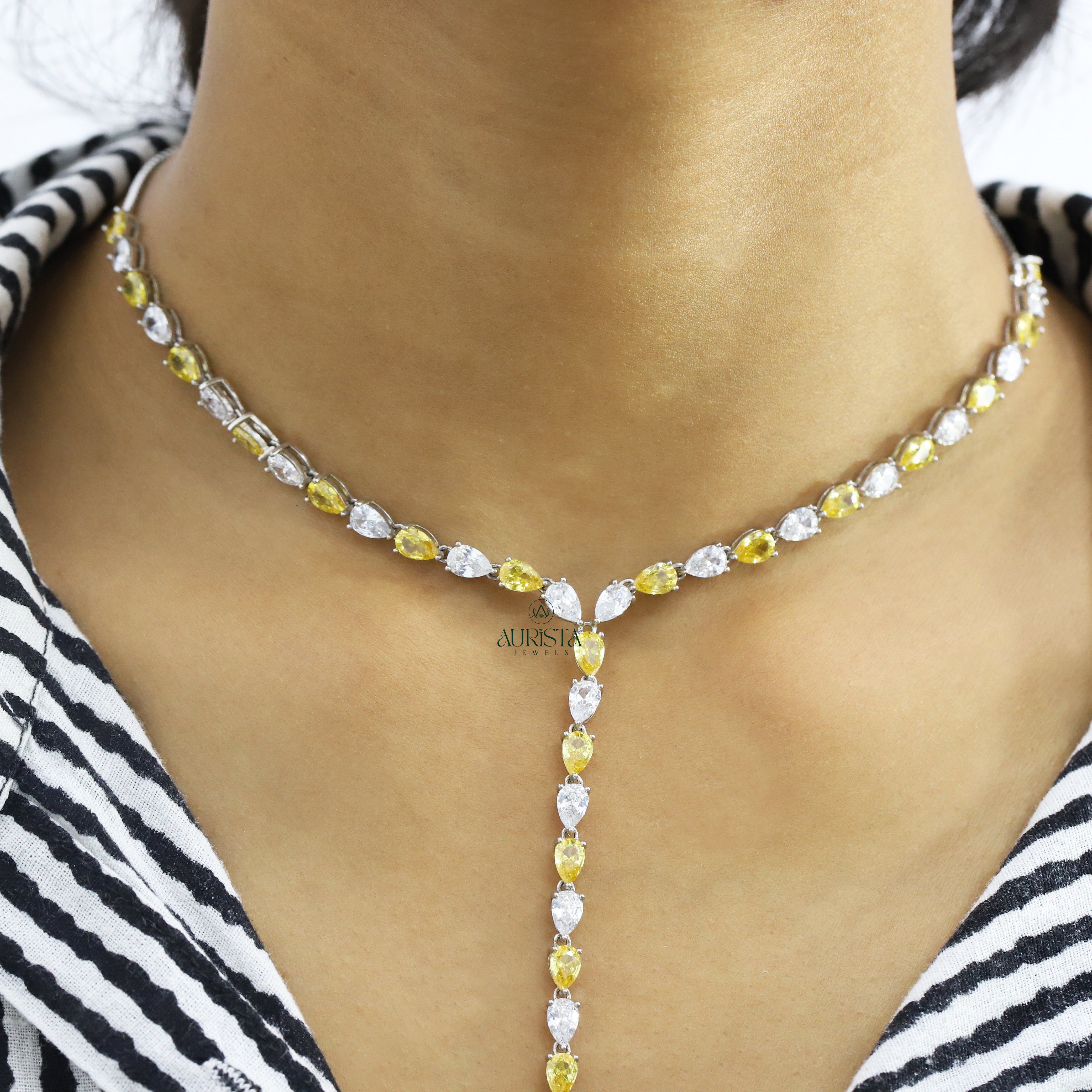Moissanite Y-Necklace, Pear Cut Yellow & White Stone Drop Necklace