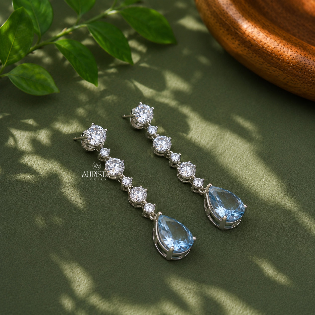 Blue Pear Drop Earrings Dainty Round Moissanite  Cluster Dangle Bridal Jewelry