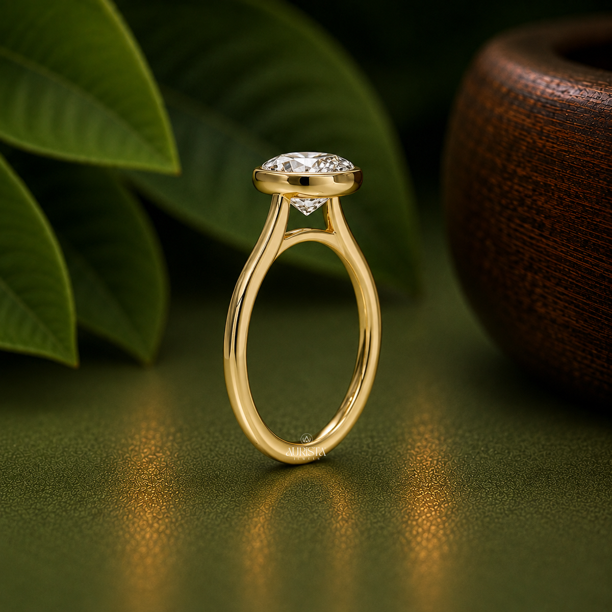 Oval Shape Lab Grown Diamond Ring, Bezel Set Solitaire Minimalist Yellow  Band