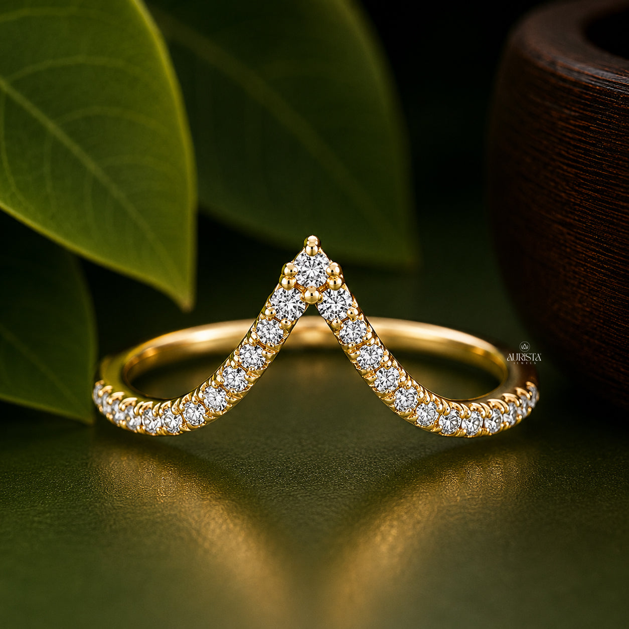 Round & Pear Lab Grown Diamond Crown Ring, Chevron Statement Wedding Band Set