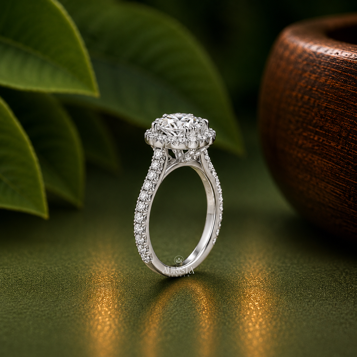 Oval Shape Lab Grown Diamond Ring, Halo Engagement Ring With Pave Band White Gold