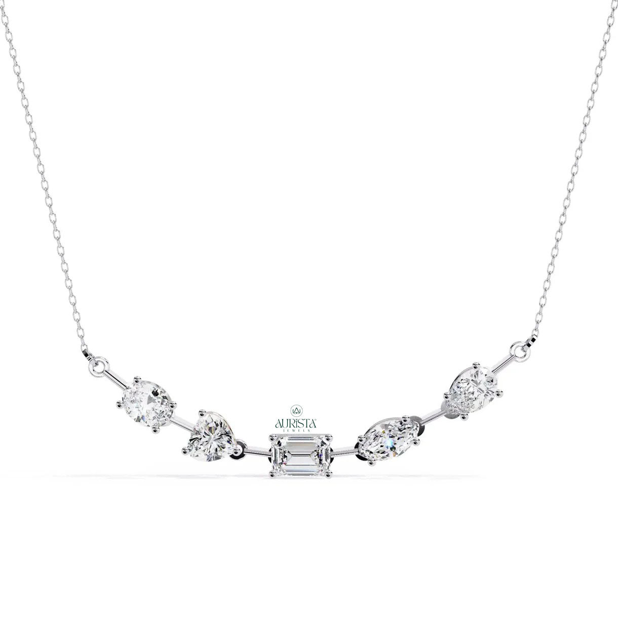 Gold Mixed Cut Moissanite Diamond Station Necklace Pear Emerald Heart Marquise Chain