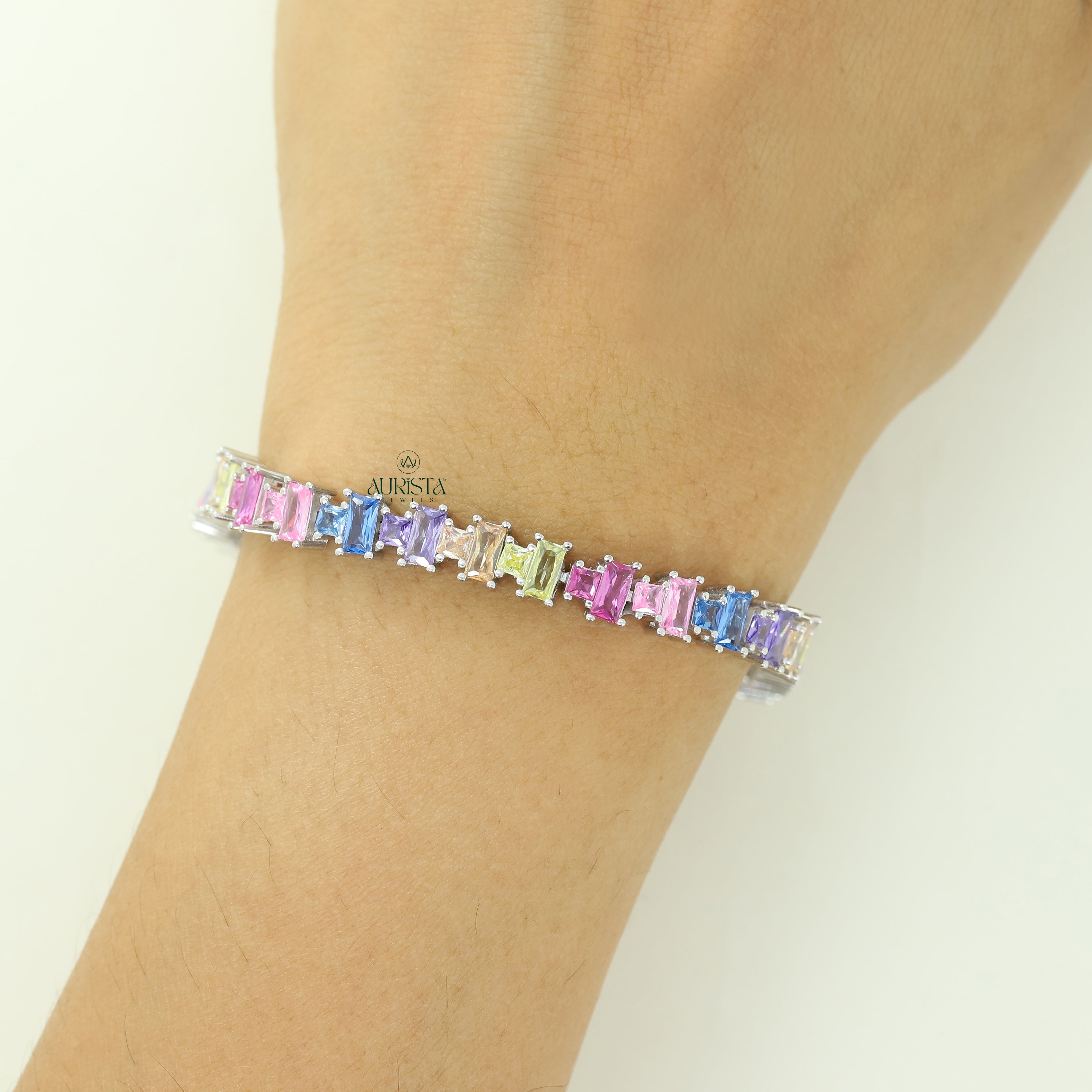 Rainbow Moissanite Tennis Bracelet, Colorful Baguette Cut Line Bracelet