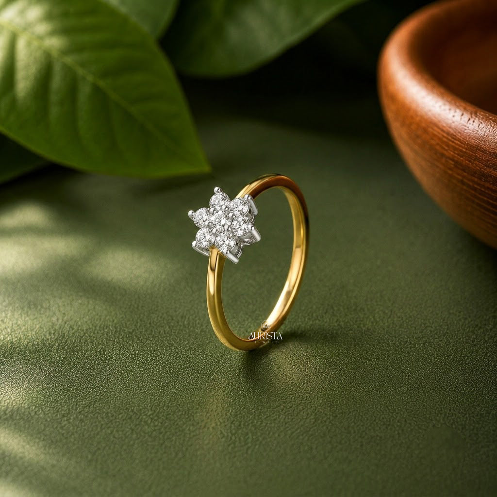 Lab Grown Diamond Gold Flower Cluster Ring Dainty Stacking Band Statement Chic