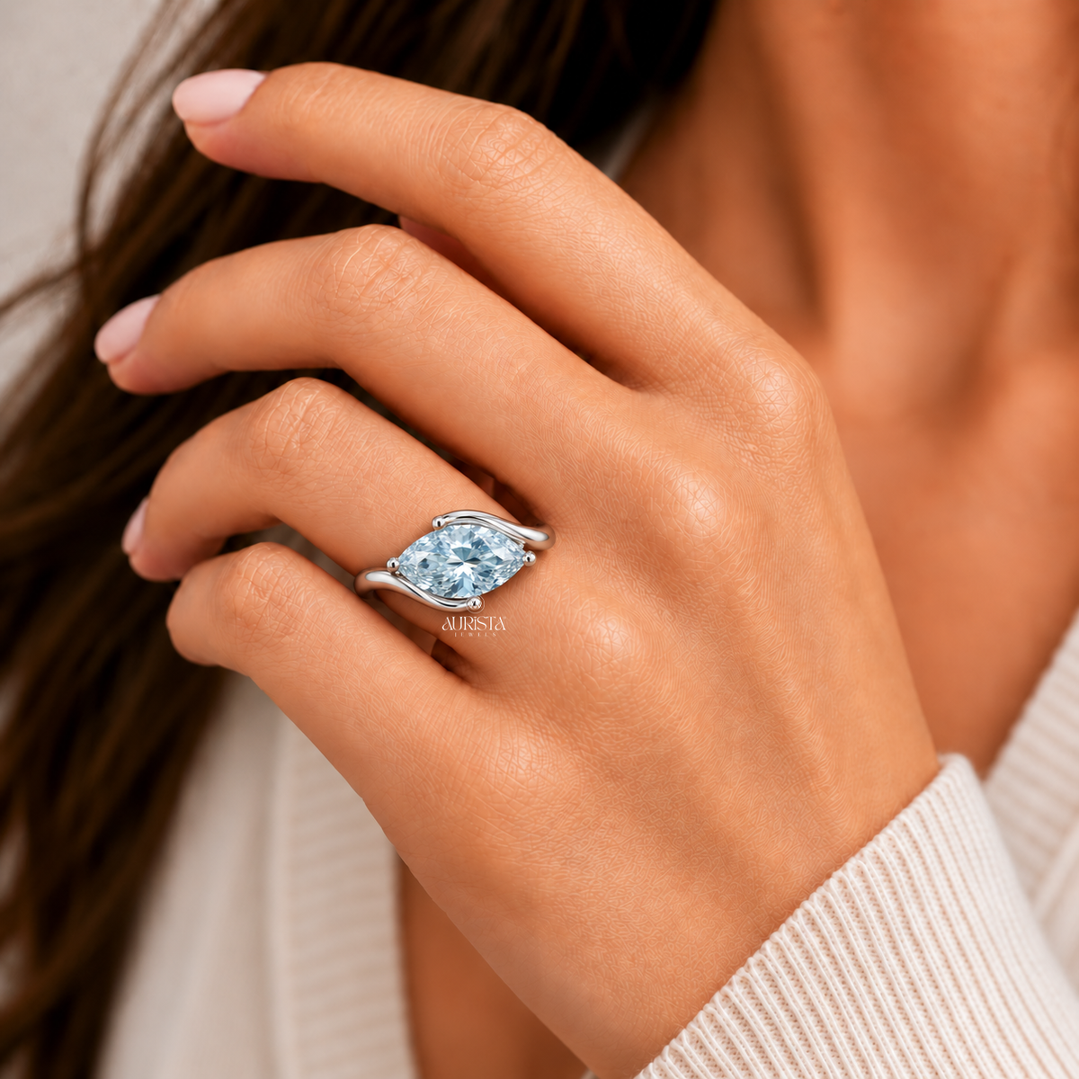 Sky Marquise Cut Bypass Engagement Ring Color Diamond Lab Grown in Diamond Jewelry
