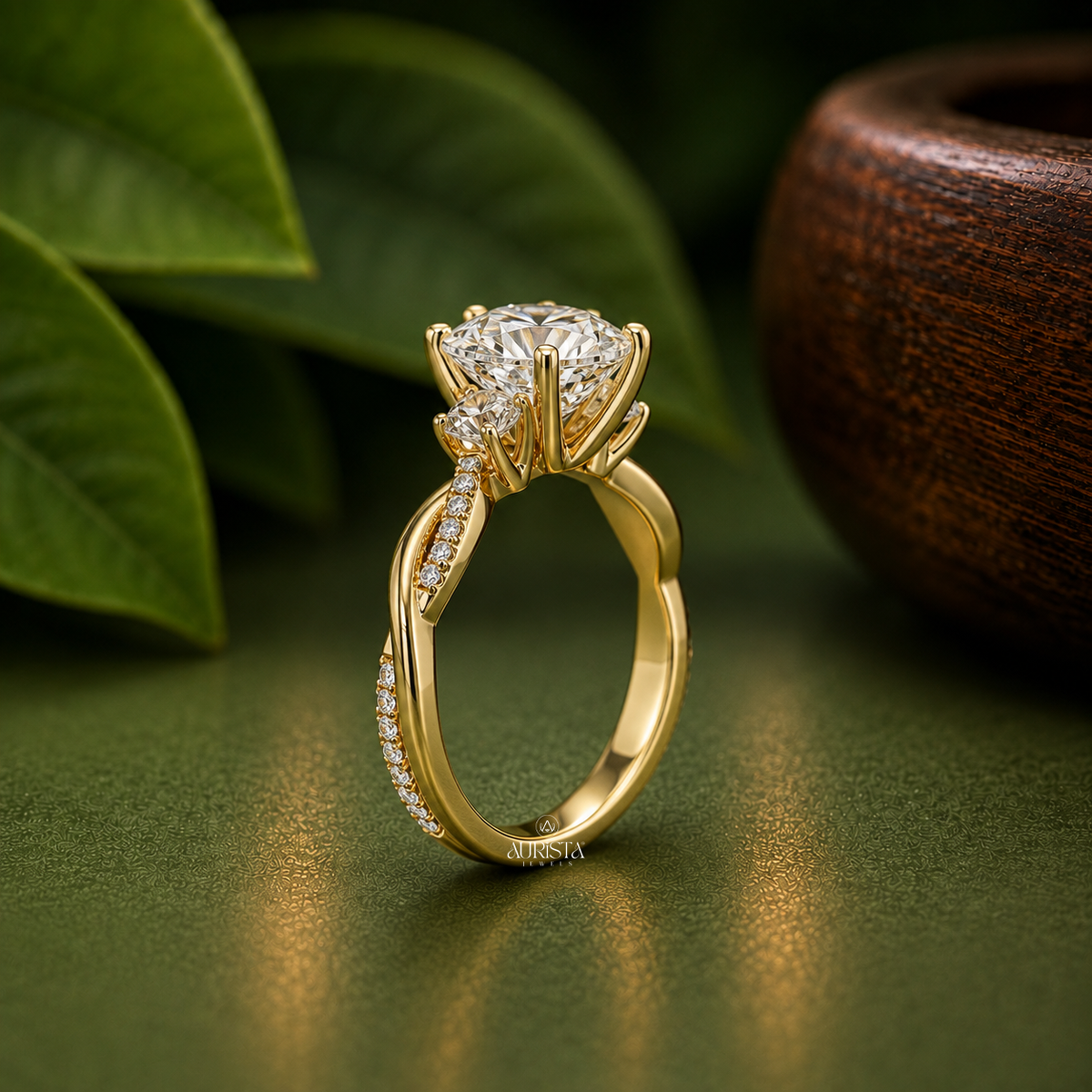 Heart Shape Lab Grown Diamond Three Stone Ring, Twisted Pavé Engagement Wedding Band
