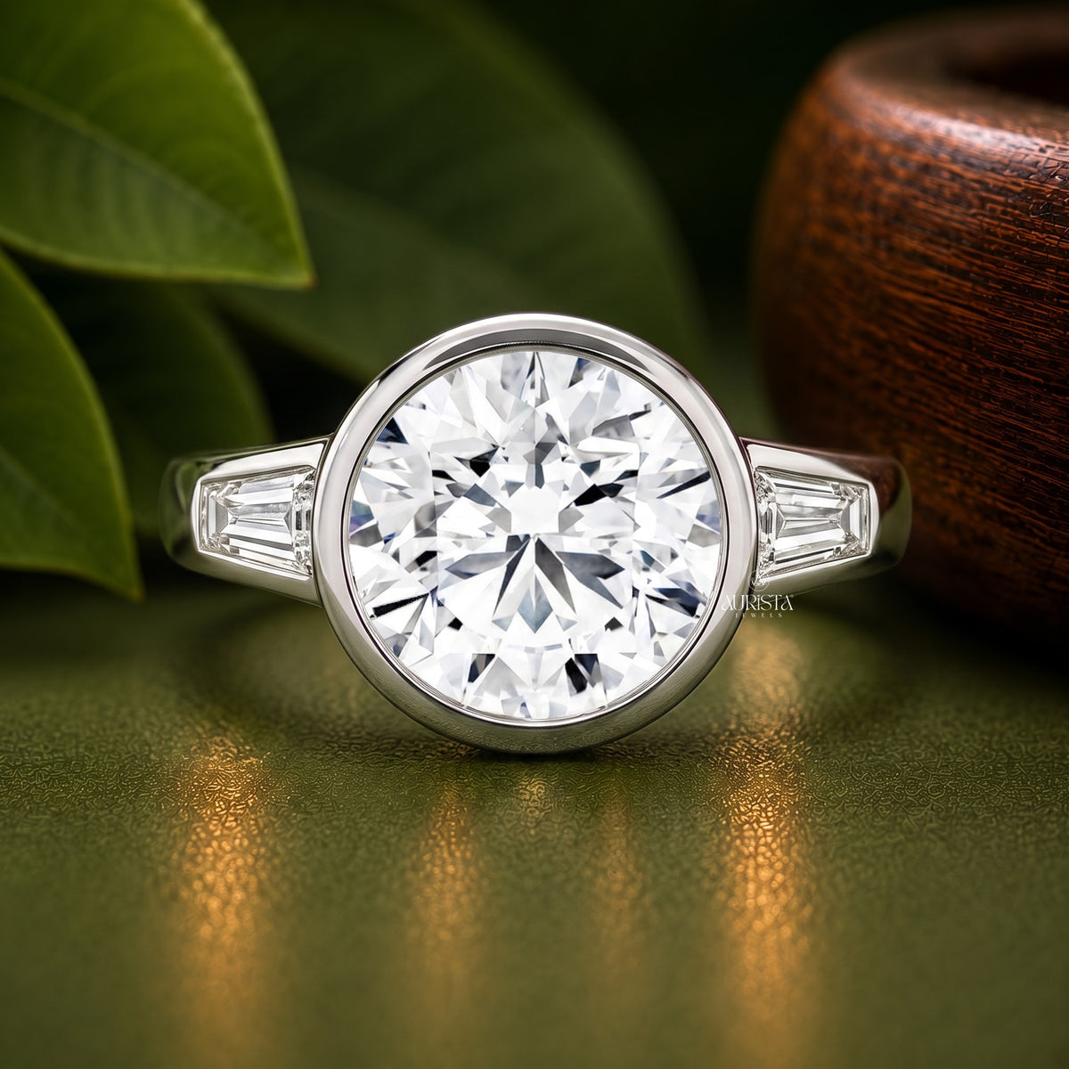 Round Lab Grown Diamond Ring, Bezel Set White Gold With Tapered Baguette Side Stones