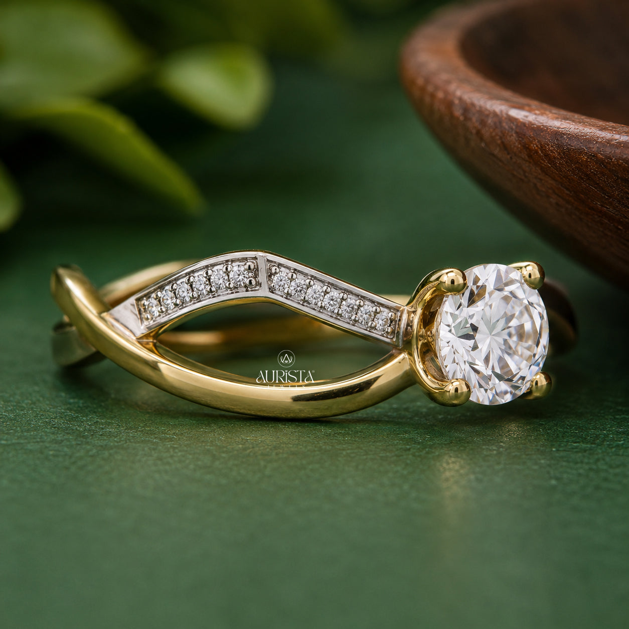 Round Cut Lab Grown Diamond Bypass Ring, Pavé Gold Engagement Wedding Ring