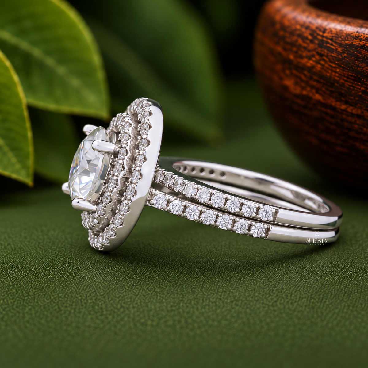 Round Cut Lab Grown Diamond Double Halo Bridal Set, 2.00 Carats, Stackable Wedding Ring