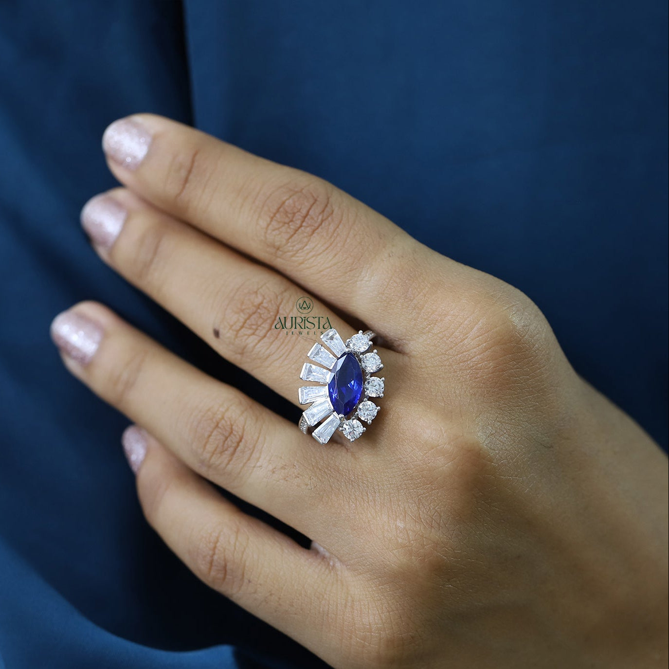 Marquise Blue Sapphire Ring Baguette and Round Moissanite Sunburst Statement Ring