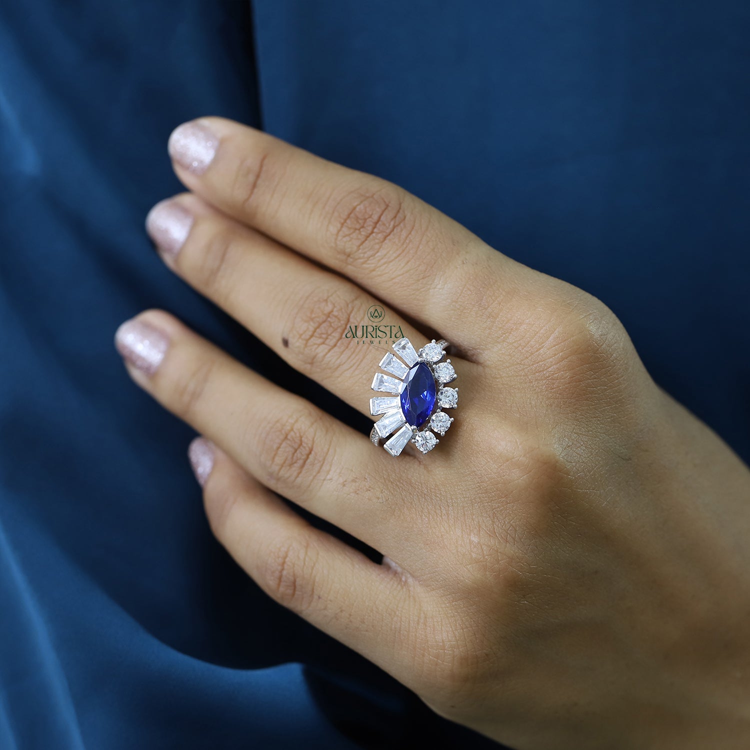 Marquise Blue Sapphire Ring Baguette and Round Moissanite Sunburst Statement Ring