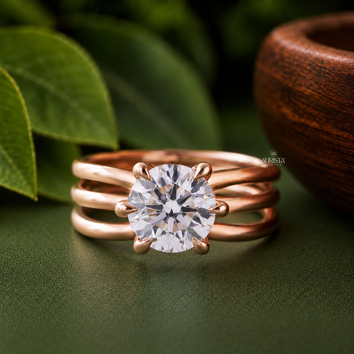 Round Cut Lab Grown Diamond Engagement Ring, Multi-Band Rose Gold Wedding Ring