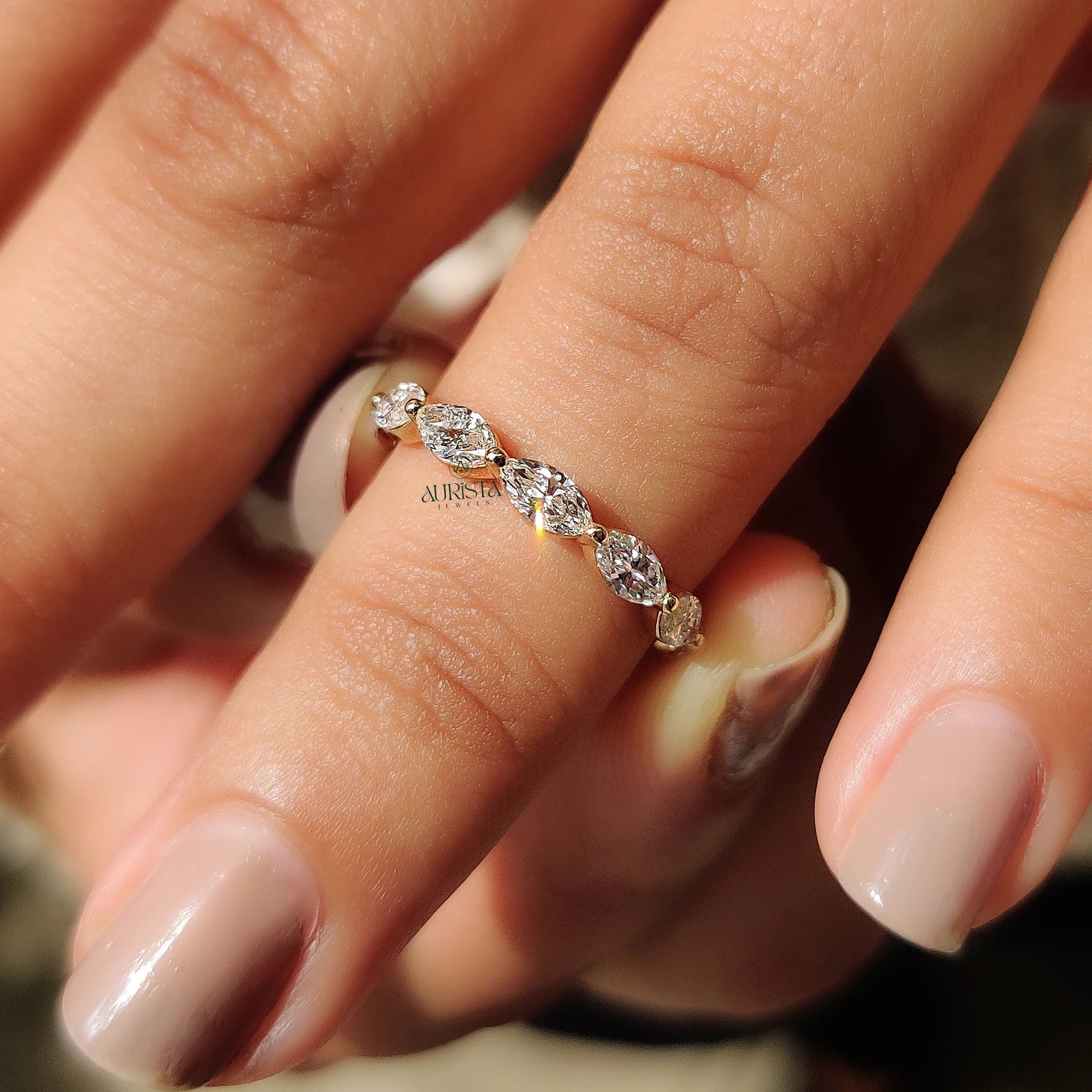 East-West Marquise Moissanite Diamond Full Eternity Wedding Band, Yellow Gold Ring